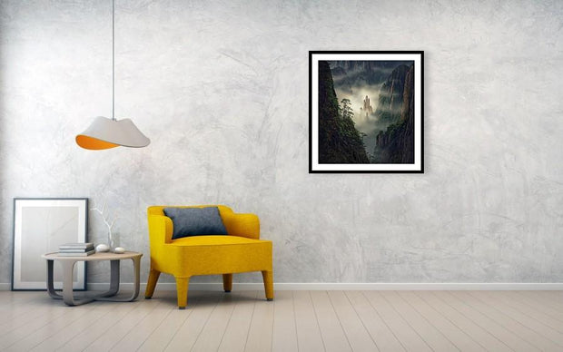 yellow mountains framed print hanged in living room - china landscape