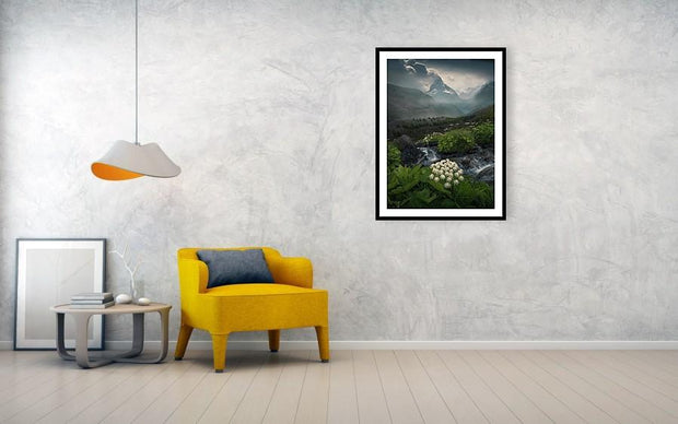 matterhorn summer framed print hanged on wall in room