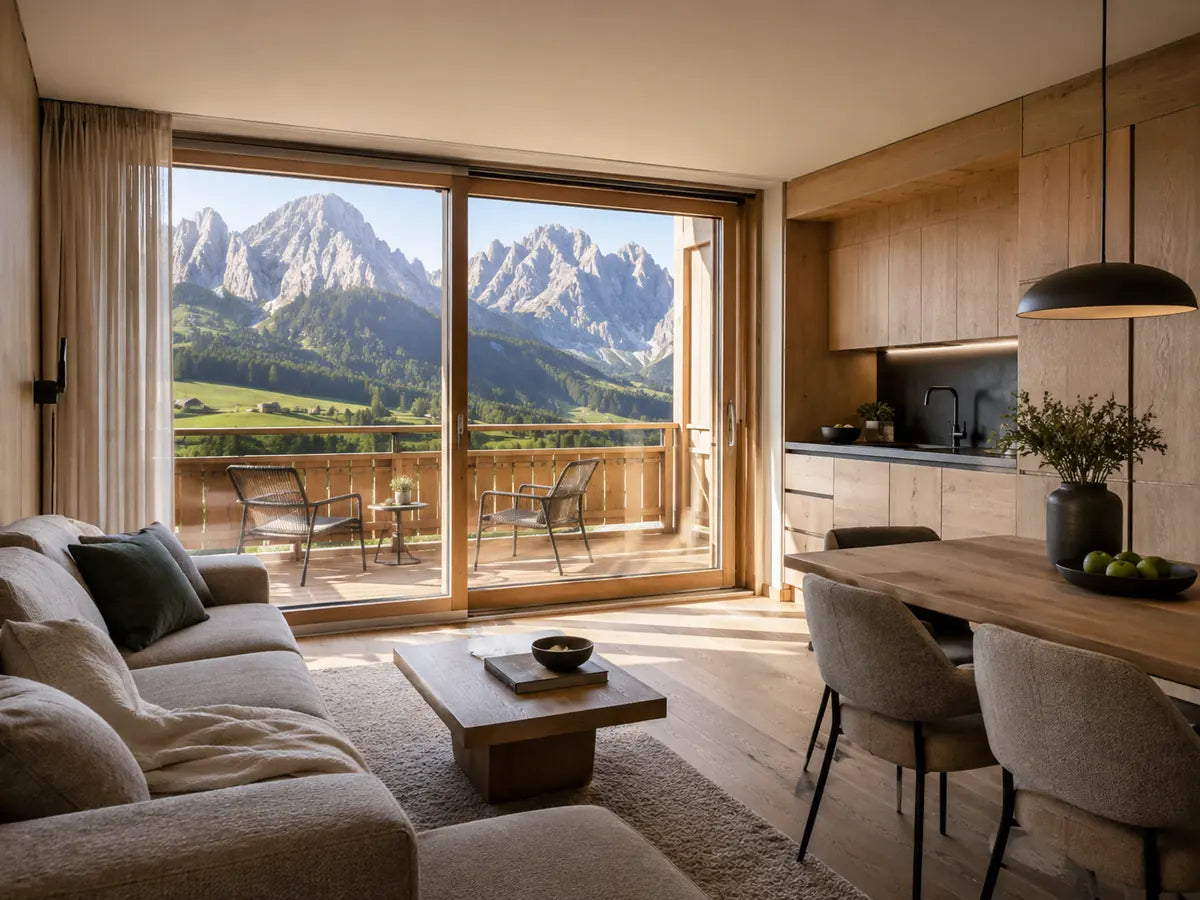 A comfortable apartment with a balcony and mountain views