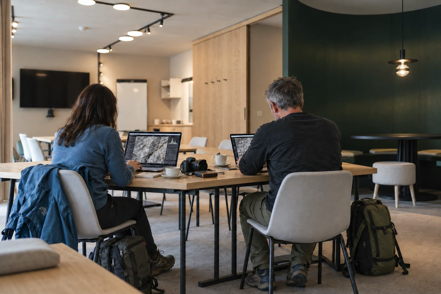 Two photographers reviewing close-up rock details on laptops in the AMA Stay lounge