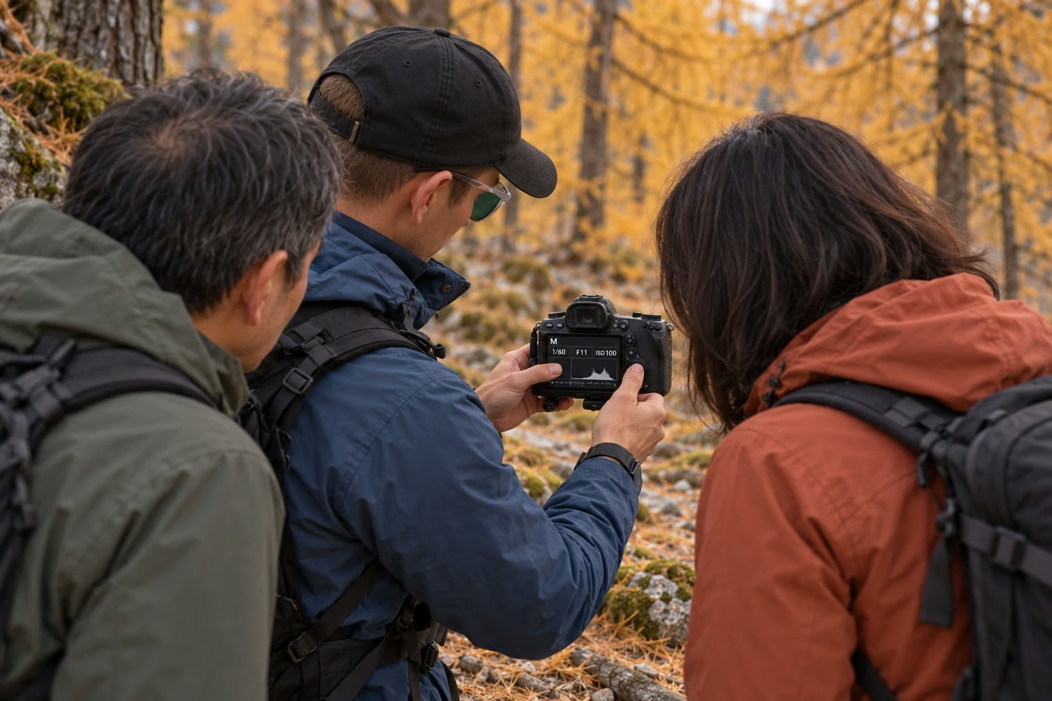 An instructor reviewing camera settings with photographers among golden autumn larches