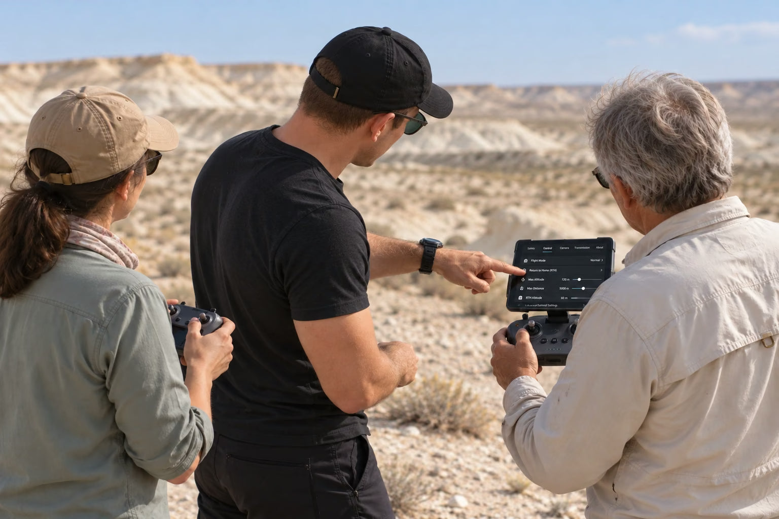 An instructor explaining drone controller settings to photographers in Mangystau