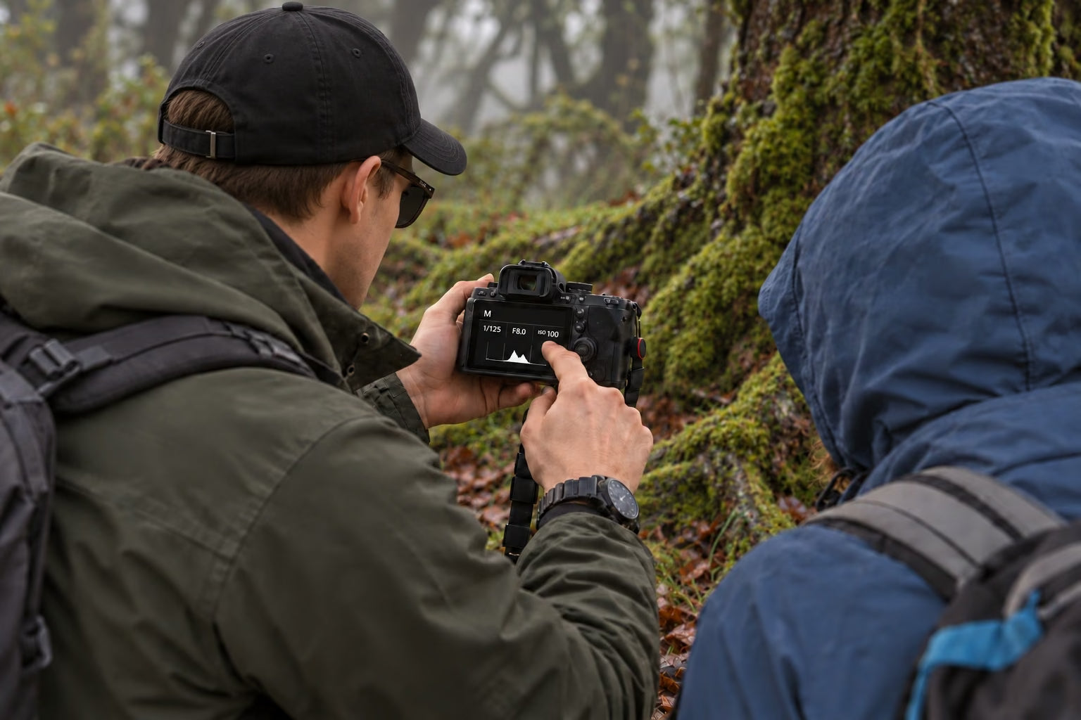 An instructor reviewing camera settings with a participant beside a moss-covered tree in Fanal Forest