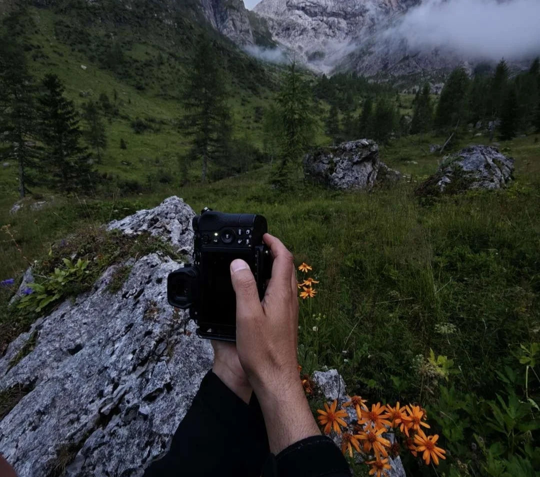 A photographer holding a camera among orange wildflowers below misty mountain cliffs