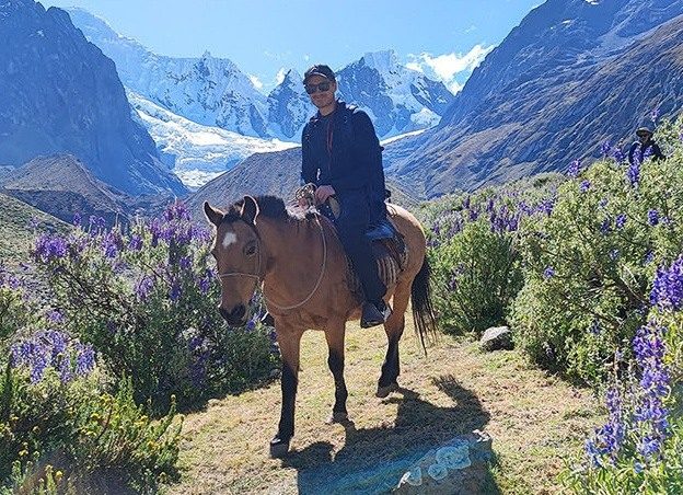 A rider on horseback among purple wildflowers, with snowy Andean mountains behind.