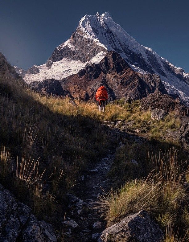 A hiker in a red jacket following a grassy trail toward a snow-covered peak in Peru.
