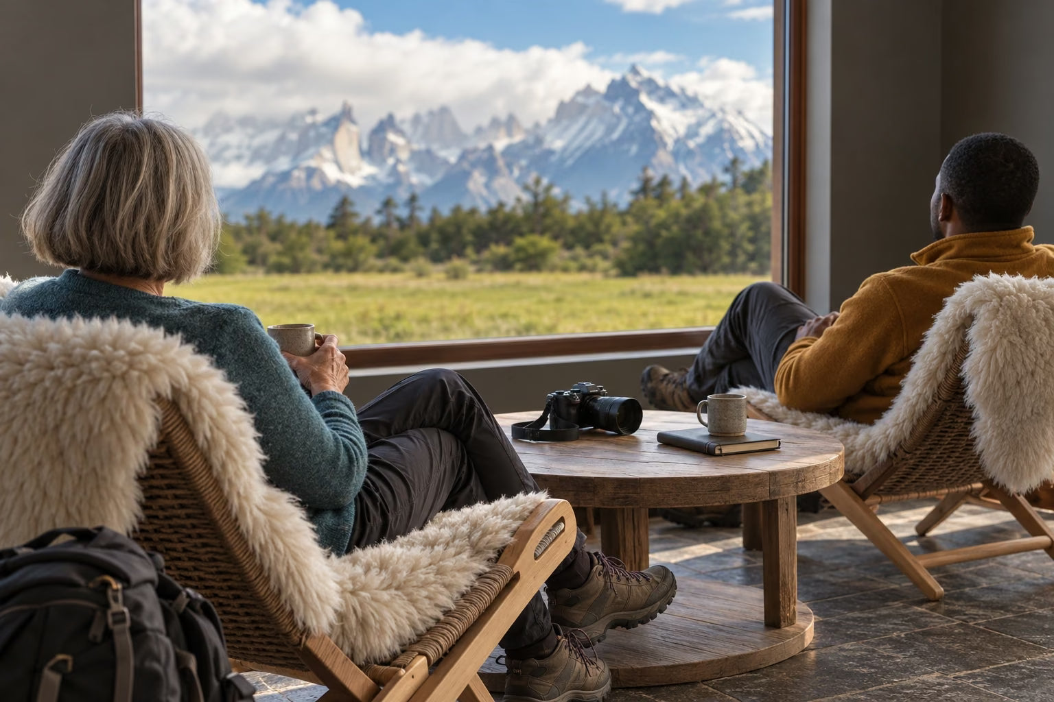 Photographers relaxing beside a large mountain-view window in Río Serrano Hotel & Spa