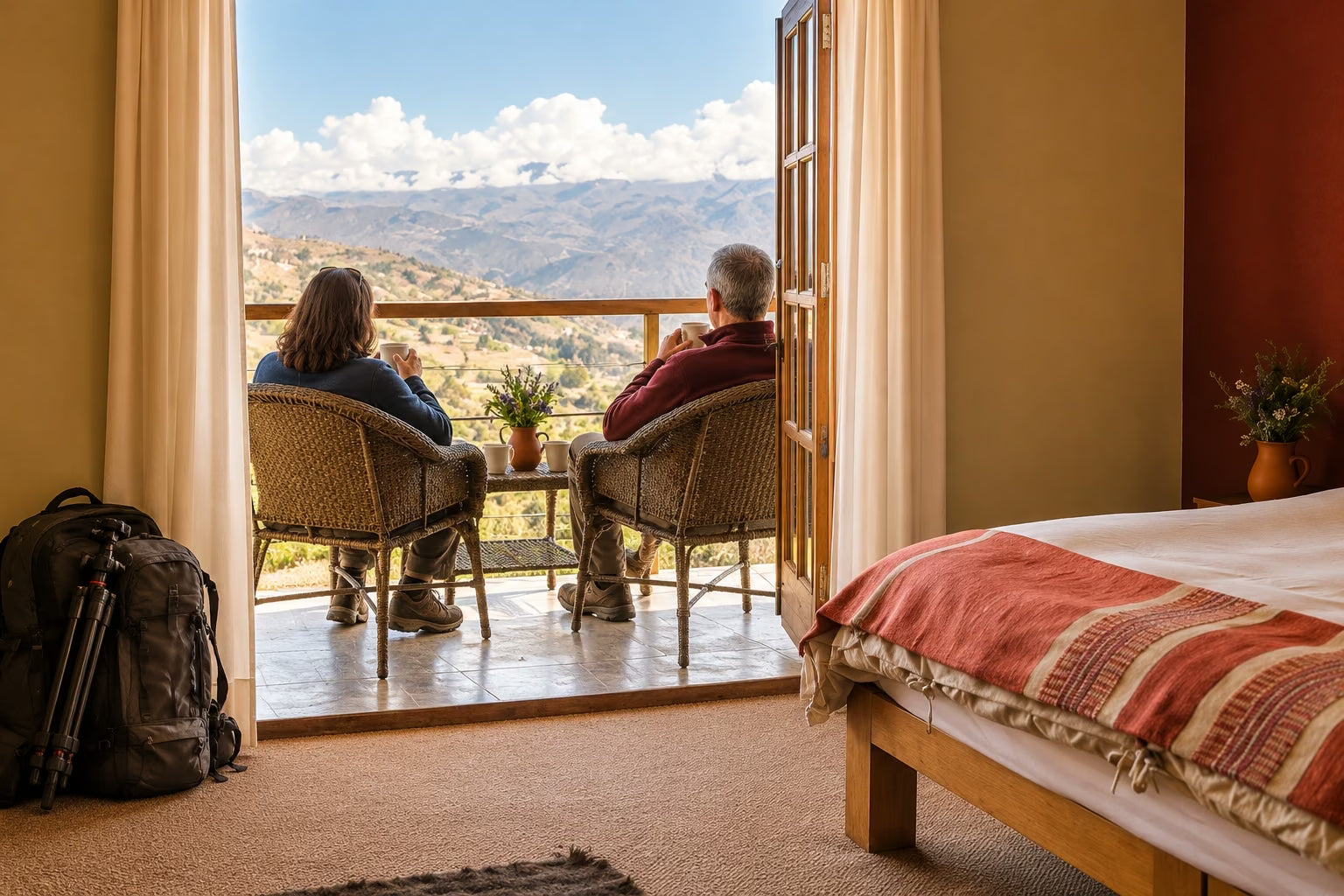 Photographers on the balcony of a mountain lodge overlooking the Peruvian Andes.